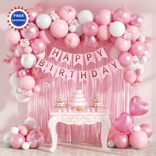 Pink Birthday Decorations Balloons Fringe Curtain Banner Pearl White Light Foil