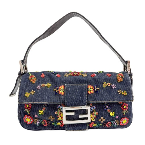 FENDI Baguette Denim Flower Beads Embroidery Shoulder Bag