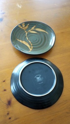 2) Pier 1 Dakara Stoneware Hand Painted Bamboo Design Salad Plates 8 3/4''