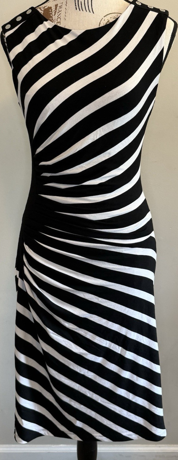 White House Black Market Striped Ruched Sheath Midi Dress Sleeveless Boat Neck 0