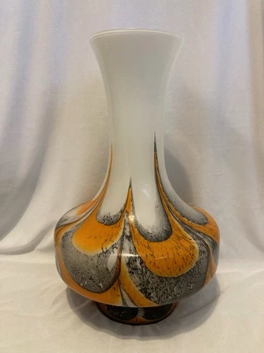 Vintage MCM Orange Black Carlo Moretti Glass Vase Nora Fenton Made In Italy