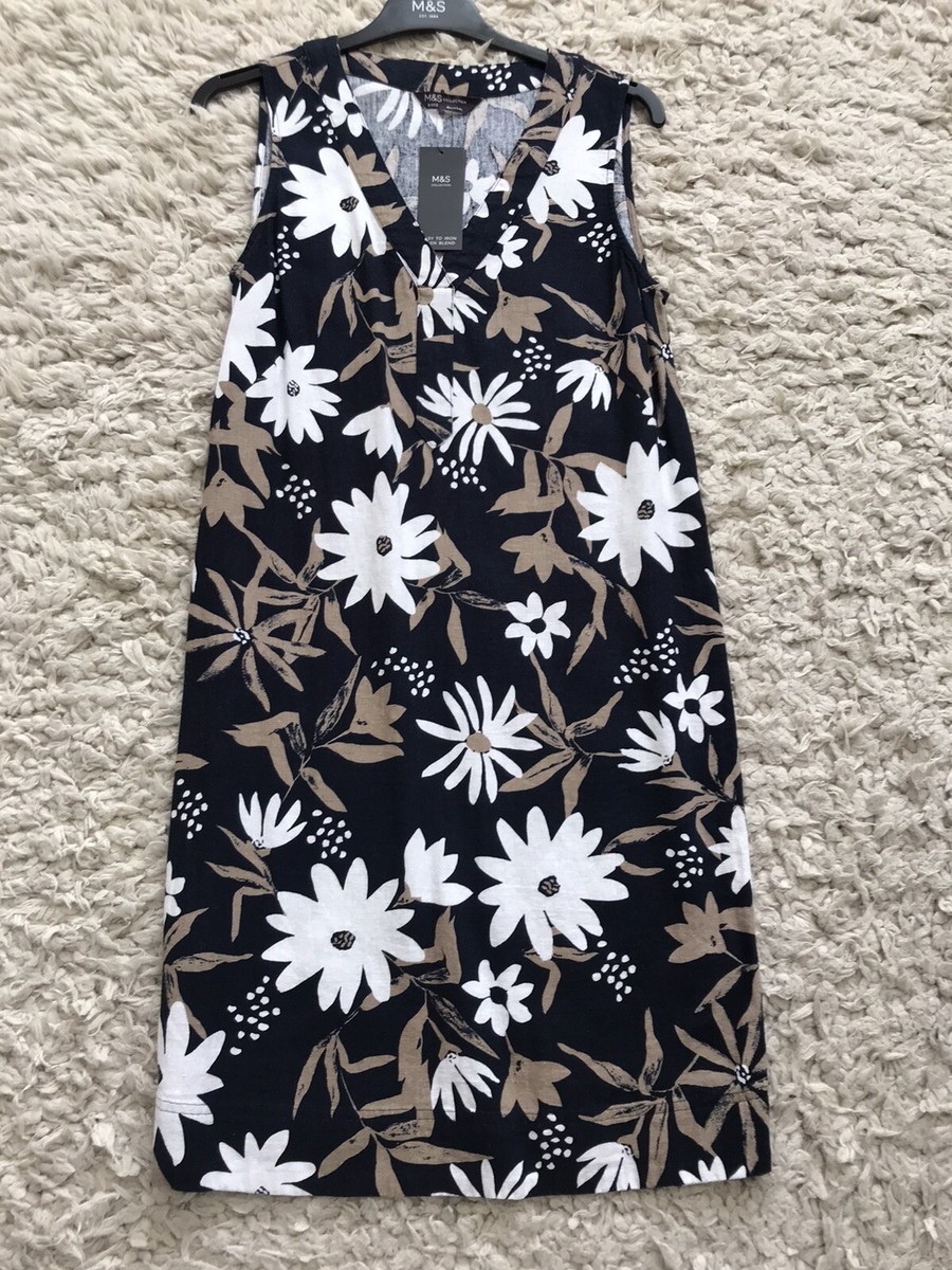 M&S Linen Floral V-Neck Knee Length Shift Dress Navy Mix Size