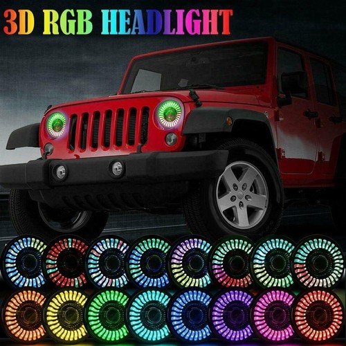 Pair 7" RGB Halo LED Headlights Demon for Jeep Wrangler 1997-2017 JK TJ LJ - Bild 6 von 12