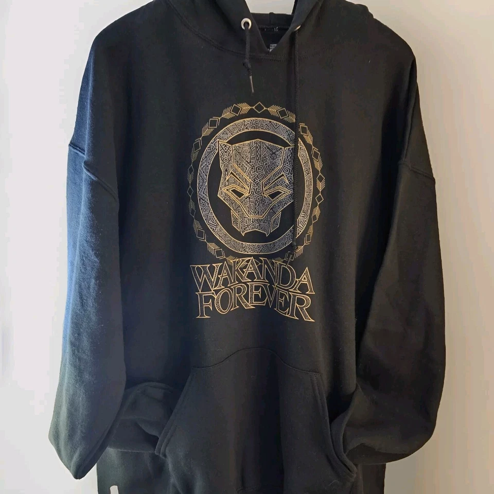 Marvel X Black Panther Wakanda Forever Sudadera con Capucha Negra Diseño Gráfico Dorado Talla XL Foto 3 de 4