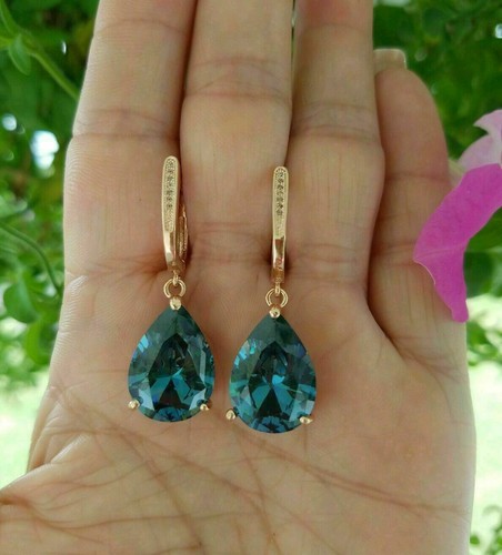 4Ct Pear Cut Blue Topaz Solitaire Drop/Dangle Earrings 14K Yellow Gold Finish - Picture 2 of 9