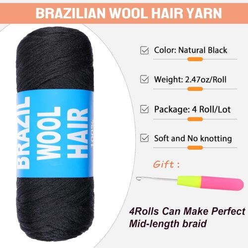 4 Pcs Natural Black Brazilian Wool Hair for Braiding Hair Acrylic Yarn Crochet - Picture 7 of 7