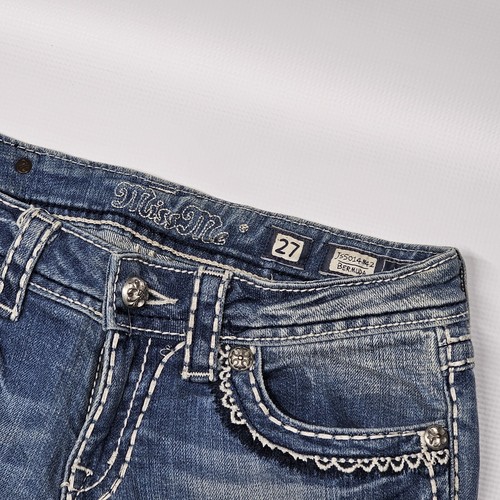 Miss Me Women's Bermuda Denim Shorts Embroidered Size 27 - Thick Stitch Flap PKT - Picture 2 of 10