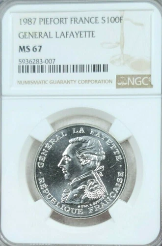 1987 FRANCE SILVER PIEFORT 100 FRANCS GENERAL LAFAYETTE NGC MS 67 GEM BU BEAUTY