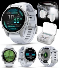 Garmin fenix 8 – 43 mm AMOLED Multisport GPS Smartwatch Silver w/ White EarBuds
