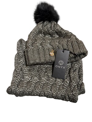 Damen Set Schal Rundhals und Mütze mit PonPon - Farbe Grau - Onyx