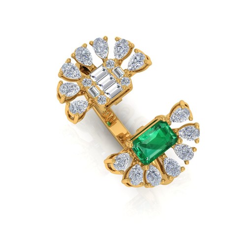 1.62 TCW Zambian Emerald SI Clarity H Color Diamond Cuff Ring 14k Yellow Gold - Picture 2 of 7