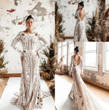 Bohemian Wedding Dresses Long Sleeves Scoop Neck with Sweep Train Bridal Gowns