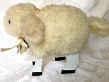 Vintage Fuzzy Lamb w/wooden legs - Signed w/ribbon, bell, Some paint chipping