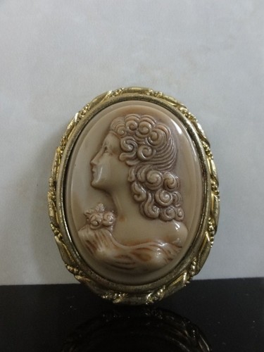 ART NOUVEAU GENUINE CZECH BEIGE COLOR GLASS GOLD TONE FRAME CAMEO SIGNED BROOCH - Bild 1 von 7