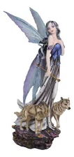 Pretty Fairy In Evening Gown With Gold Wand Accompanied By Gray Wolves Figurine