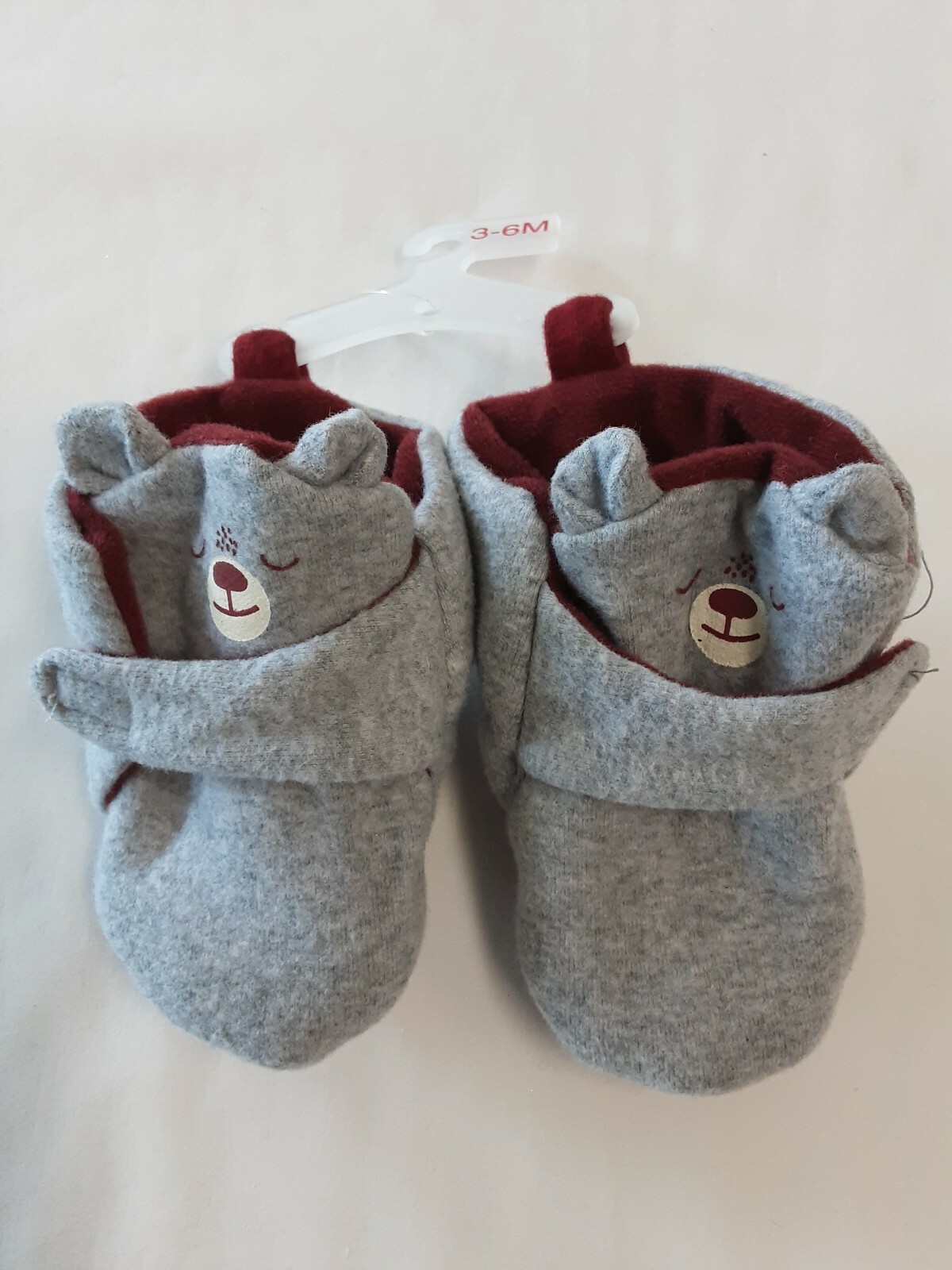 Infants Grey & Maroon Teddy Bear Ankle Slippers W/Fastener Strap Size 3-6 Mos