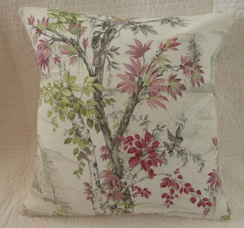 Pink Cushion Cover Tree Glasshouse Bird Print New Handmade 16" inch 40cm - Picture 2 of 12