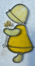 Vintage Stained Glass Girl W/ Bouquet Suncatcher Window Decor Yellow
