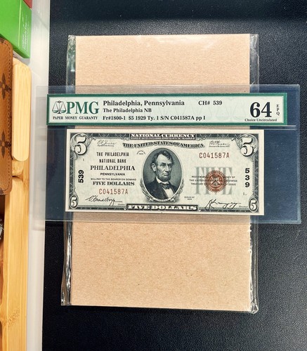 1929 $5 The Philadelphia National Bank PHILADELPHIA PA "Charter #539" PMG 64 EPQ