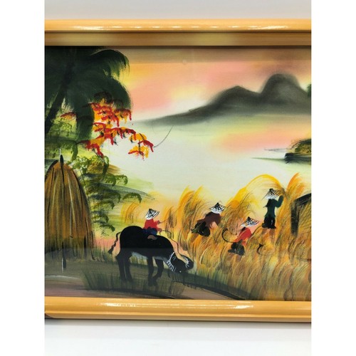 Original Oriental Scene Hand Painted on Fabric Hand Crafted Wooden Frame - Picture 4 of 7