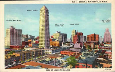 Minneapolis Minnesota Skyline Tower Bank Downtown Building Views Postcard 1940's
