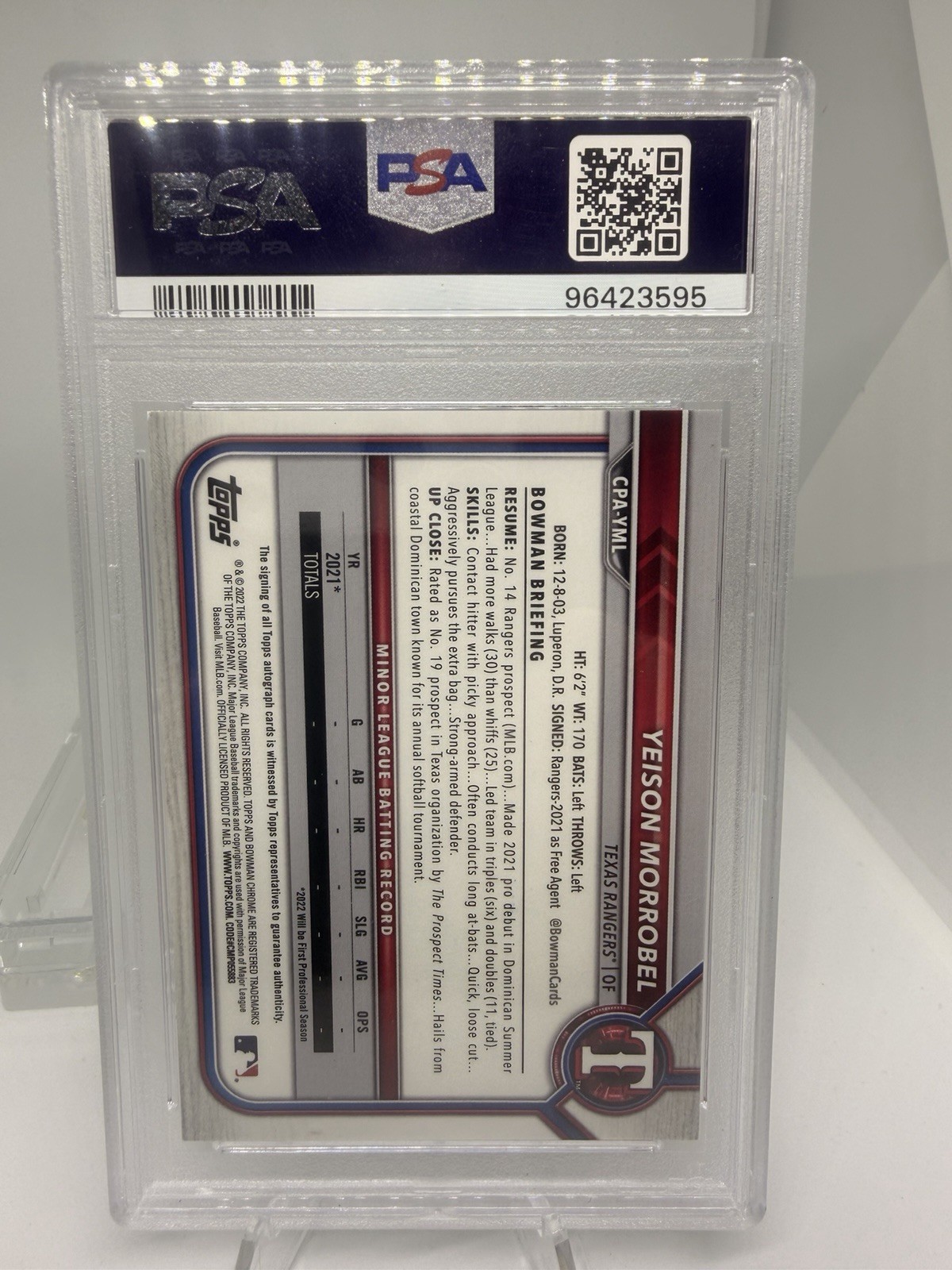 PSA 10 2022 Bowman Chrome YEISON MORROBEL RC AUTO ORANGE WAVE REFRACTOR /25 view 2