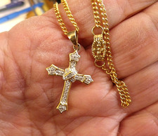 RSE Gold over 925 Sterling  Christian Cross Pendant w/ accent Gold Tone Necklace
