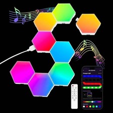 8 pc LED Hexagon Light Wall Panels Smart Sync RGB Remote+App+Wired Music Gaming