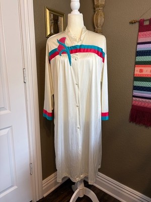 Vintage 70s 80s Vanity Fair Nylon Robe Housecoat -White/Ivory Teal Pink Appliqué