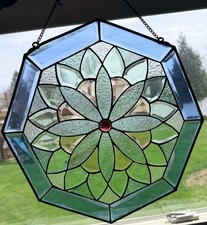 Vintage Stained Glass Floral Octagon Window Panel Sun Catcher Blue Border 14x14