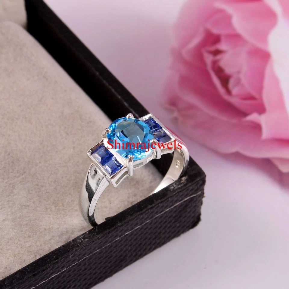 Anel feminino de prata esterlina 925 com topázio azul natural e safira criada em laboratório - Imagem 2 de 4