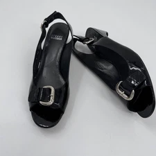 Stuart Weitzman Patent Leather Peep-Toe Slingback Heels Silver Buckle Narrow 8SS