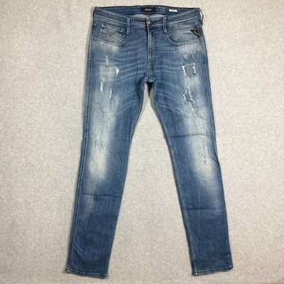 Replay Anbass Slim Fit Distressed Thrashed Blue Jeans Mens 36x34 M914
