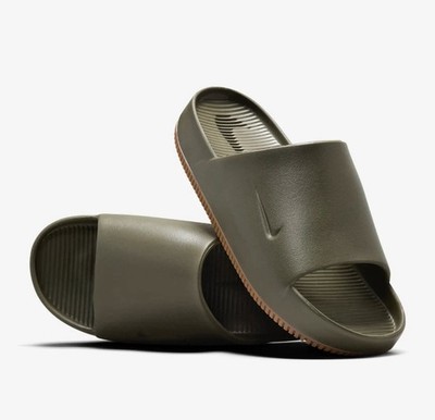 Nike Calm Men's Slides Comfort Sandal, Medium Olive/Gum Brown New