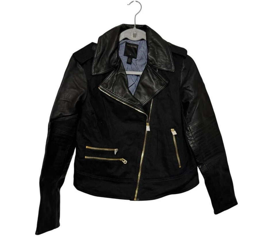 Chaqueta Motociclista True Religion Denim y Manga Cuero Talla Pequeña Pequeña Foto 2 de 4