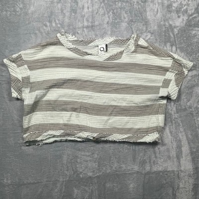 Anthropologie Akemi + Kin Breezy Crop Top Women Gray White Stripe Boho Raw Hem M