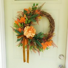 Fall Peony Wreath for Front Door, Orange Maple Leaves, Autumn Colors Wreath,