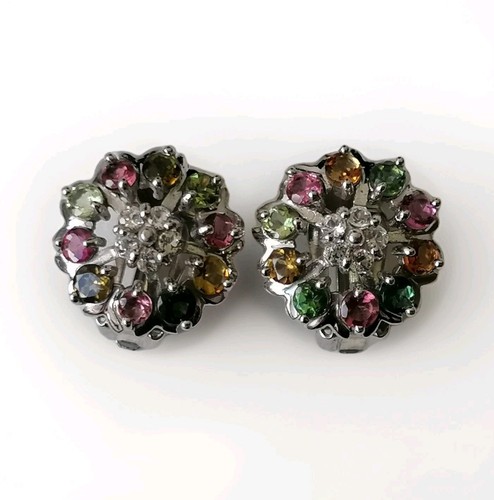 Pendientes Plata 925 Clip Estilo Vintage Flor Piedras Multicolores