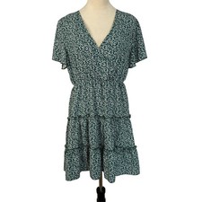 Floral Mini Dress Green White Flutter Sleeve Tiered Summer Sundress Women Large