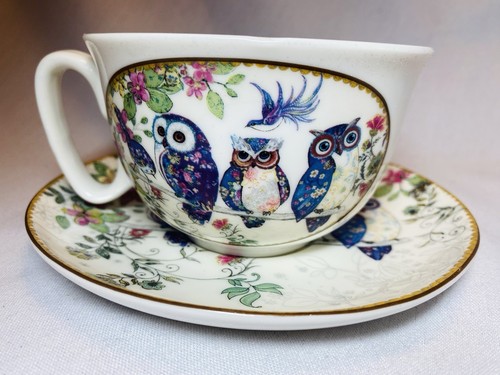 Summer River OWLS & FLOWERS Porcelain Coffee Tea Cup & Saucer 2.5” H 4” D