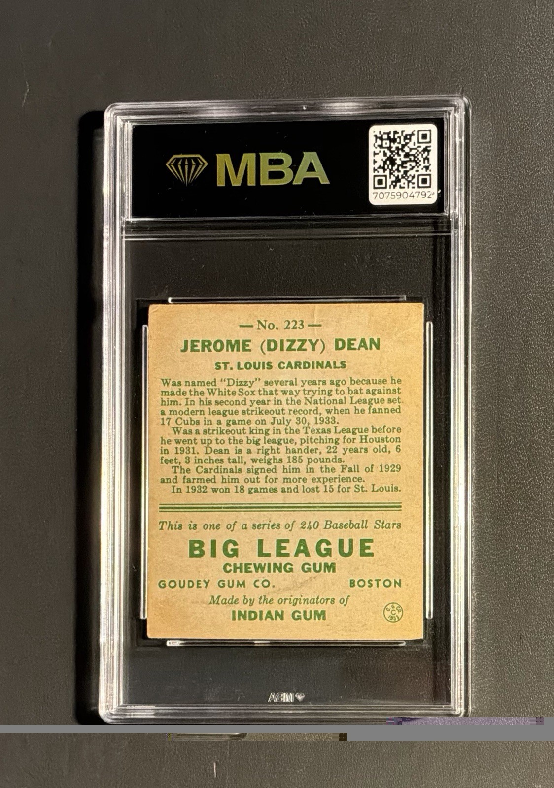 1933 Goudey Big League Chewing Gum R319 Jerome Dean #223 (RC) MBA Authentic view 2