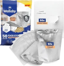 50ct 1-Quart Gusset Mylar Bags w/ Labels 12Mil Thick Stand-Up Zipper | Silver