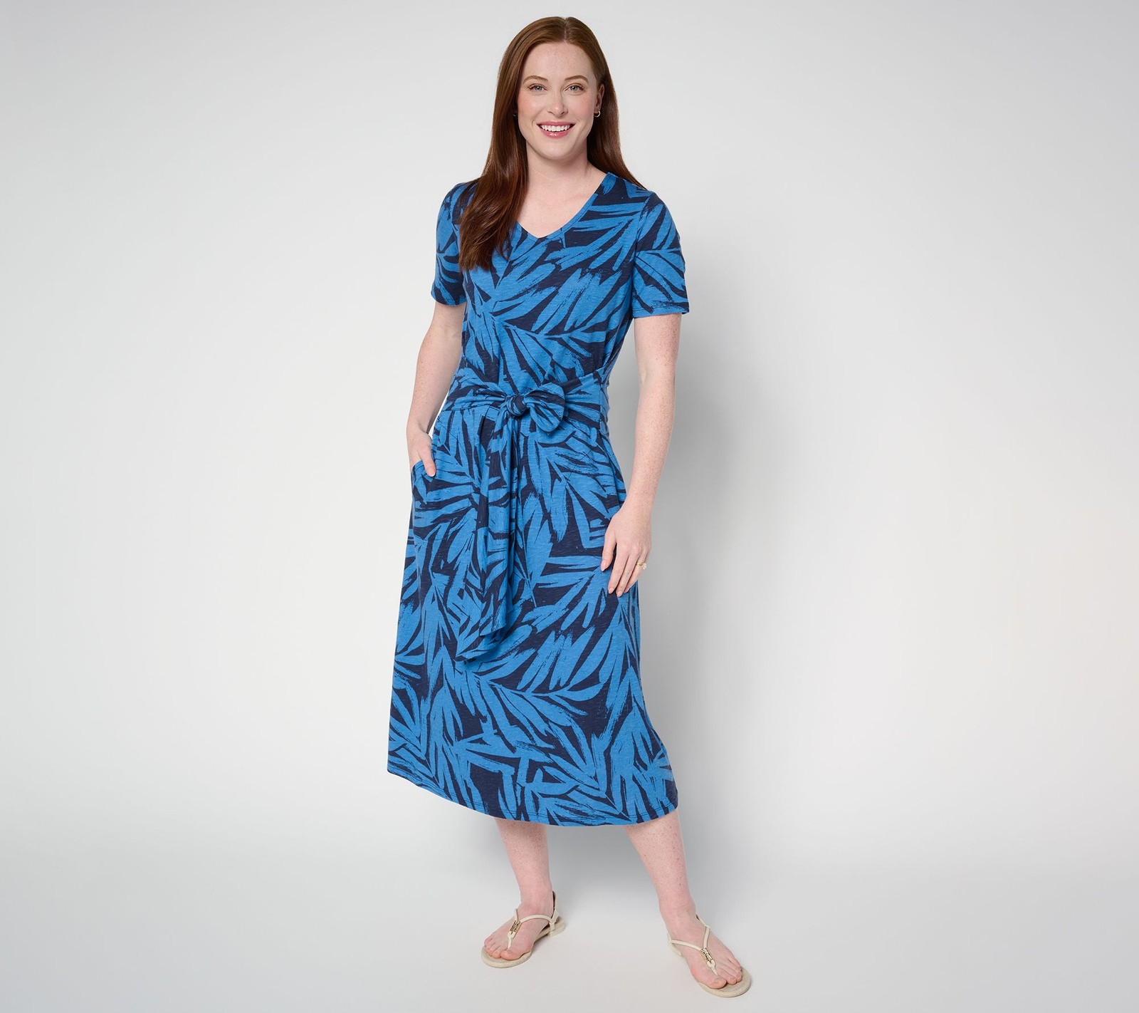 Gloria Vanderbilt Women's Dress Sz XL Denim & Co. Tie Waist Midi Blue A694887