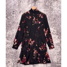 REISS Dress Small Womens Black Floral Chiffon Tie Neck Mini Long Sleeve