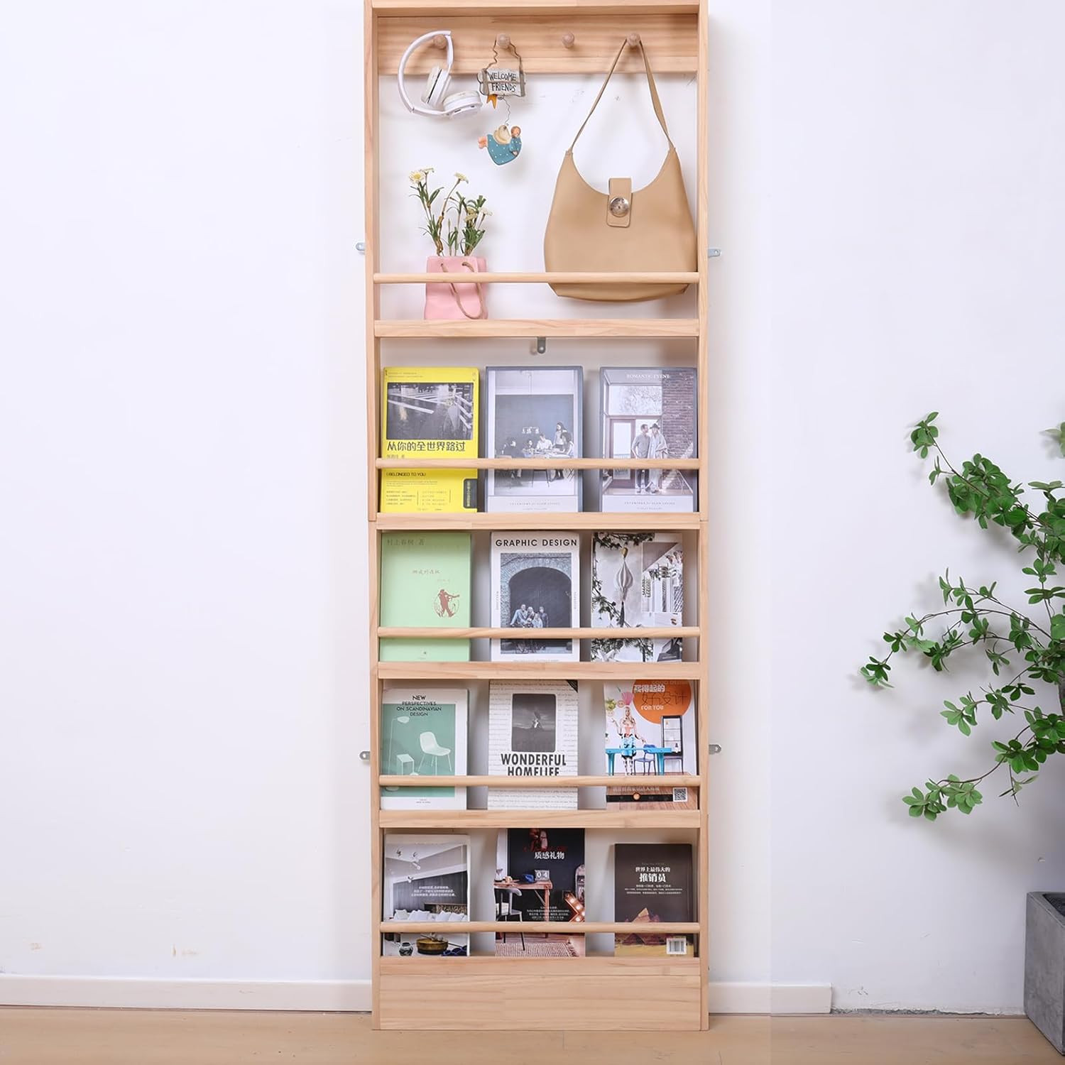 5-Tier Wooden Kids Bookshelf with Hooks - Wall-Mounted Toy & Book Organizer