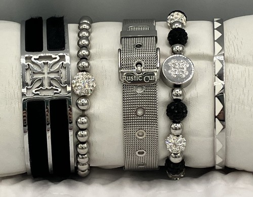 Rustic Cuff 5 Pc Bracelet Stack Black Crystal Leather Cuff Mesh Silver Tone