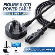 UK Figure 8 Power Cable C7 Lead 2 Pin TV PS5 PS4 Xbox Laptop Mains 0.5m–5m