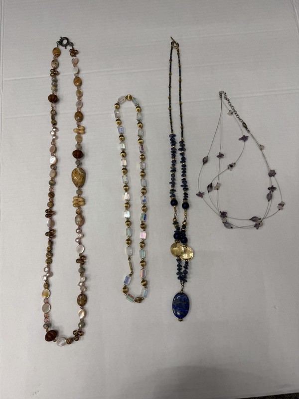 4 Pc Natural Stone Beaded Necklace Lot Lapis Amethyst Shell Jasper Boho
