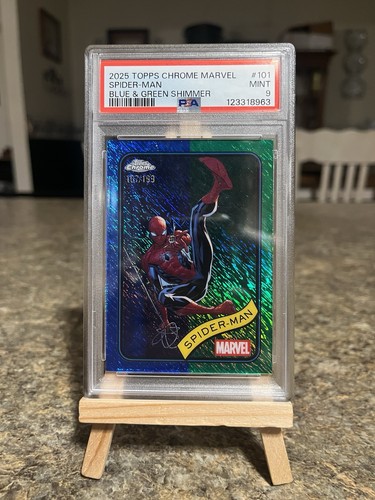 2025 Topps Chrome Marvel SPIDER-MAN BLUE AND GREEN SHIMMER PSA MINT 9 Out Of 199
