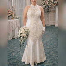 Demetrios Vintage 80s White Satin Sequin Lace Sleeveless Wedding Dress sz 18